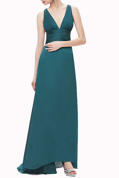 Deep V Ruched Cross Back Evening Gown