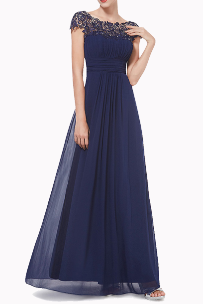 Cap Sleeves Navy Lace Bodice Evening Gown
