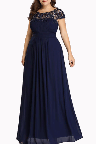 Cap Sleeves Navy Lace Bodice Evening Gown