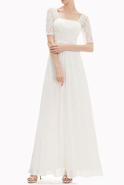 Short Sleeves White Evening Gown Prom