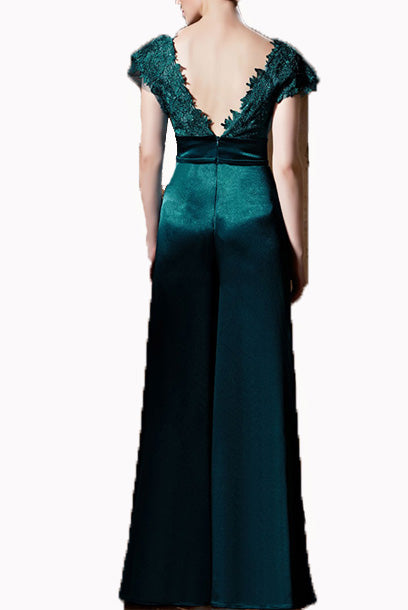 Deep V Playsuit Jumpsuit Lace Satin Evening Gown