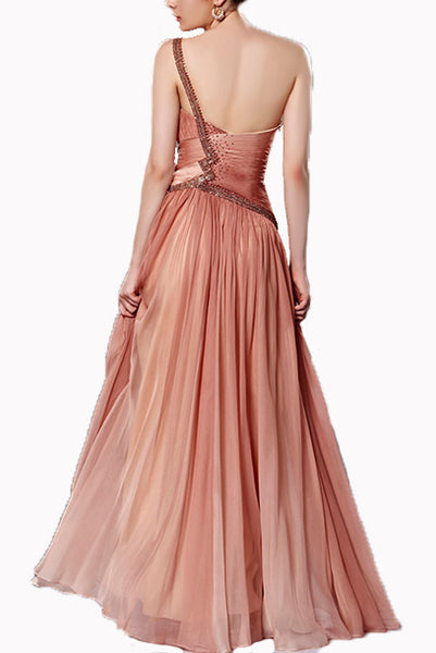 One Shoulder Sand Ombre Rhinestones Evening Gown