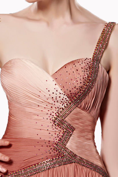 One Shoulder Sand Ombre Rhinestones Evening Gown