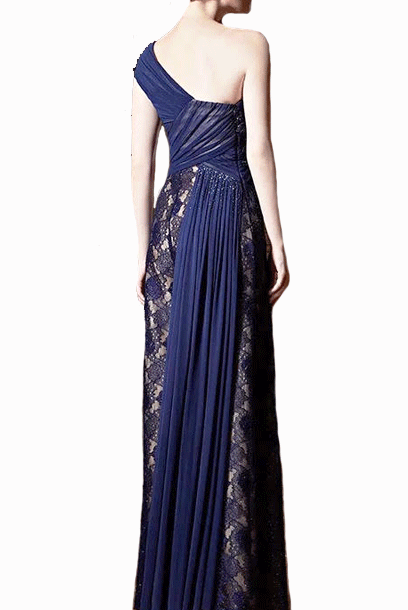 One Shoulder Lace Rhinestones Playsuit Blue Evening Gown