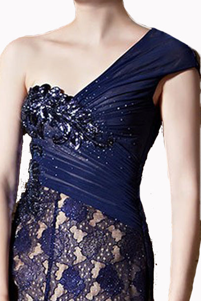 One Shoulder Lace Rhinestones Playsuit Blue Evening Gown