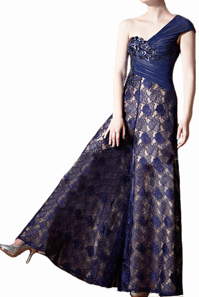 One Shoulder Lace Rhinestones Playsuit Blue Evening Gown