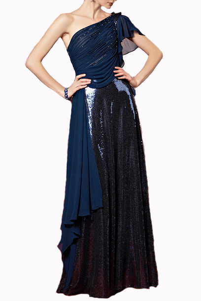 One Shoulder Sequin Goddess Blue Evening Gown