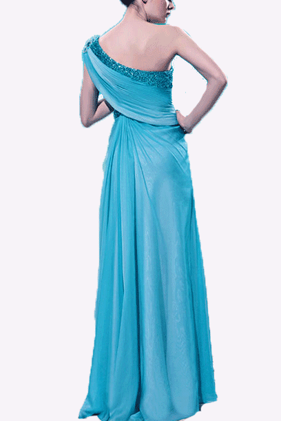 One Shoulder Blue Ombre Embellished Evening Gown