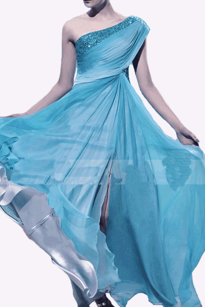 One Shoulder Blue Ombre Embellished Evening Gown