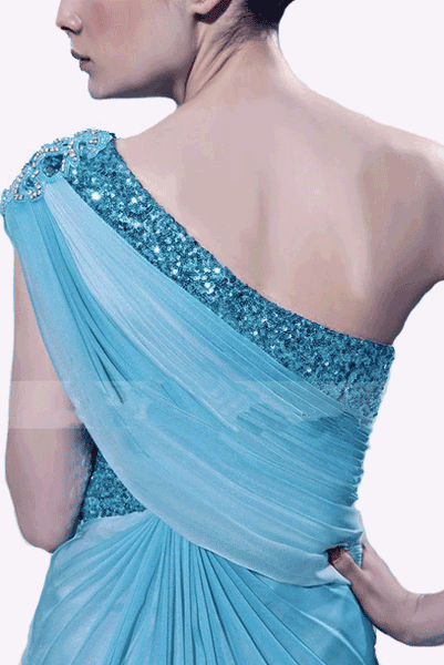 One Shoulder Blue Ombre Embellished Evening Gown