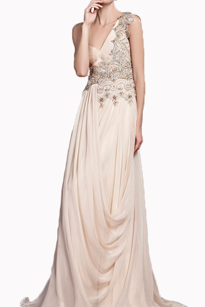 One Shoulder Rhinestones Champagne Evening Gown