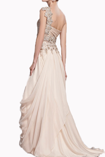 One Shoulder Rhinestones Champagne Evening Gown
