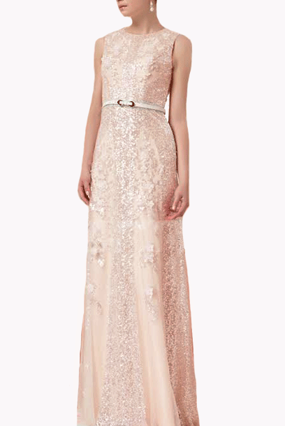 Gatsby Sleeveless 3D Floral Sequin Champagne Pink Evening Gown