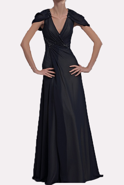 Cape Sleeves Mcqueen V Neckline Blue Evening Gown