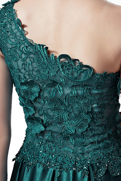 One Shoulder 3D Floral Lace Emerald Green Evening Gown