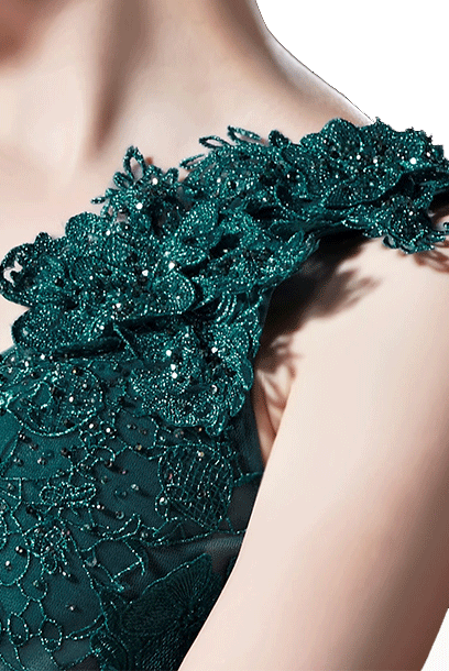 One Shoulder 3D Floral Lace Emerald Green Evening Gown