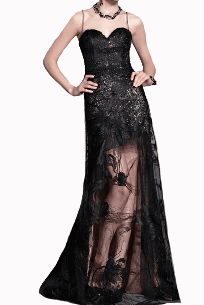 Sweetheart Peek-a-boo Black Evening Gown