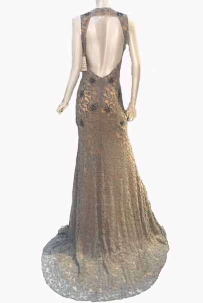 Plunging Neckline Grey Lace Evening Gown