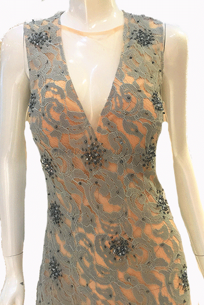 Plunging Neckline Grey Lace Evening Gown