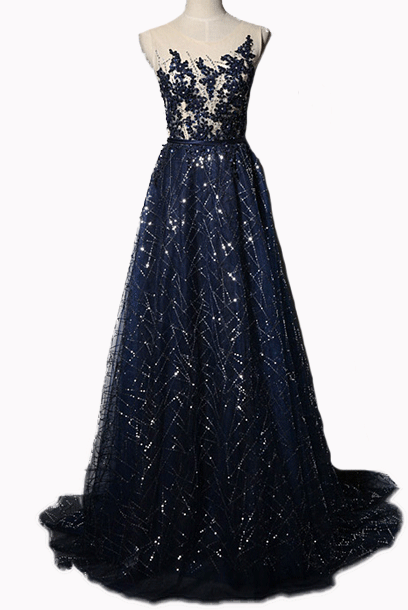 Sleeveless Rhinestones Blue Evening Gown with Train