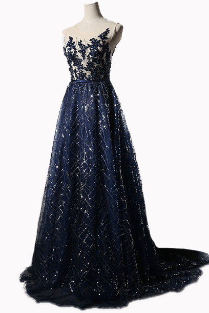 Sleeveless Rhinestones Blue Evening Gown with Train