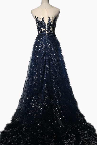 Sleeveless Rhinestones Blue Evening Gown with Train