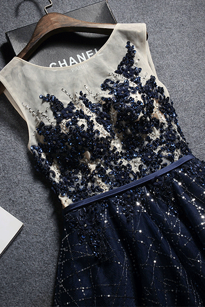 Sleeveless Rhinestones Blue Evening Gown with Train