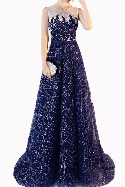 Sleeveless Rhinestones Blue Evening Gown with Train