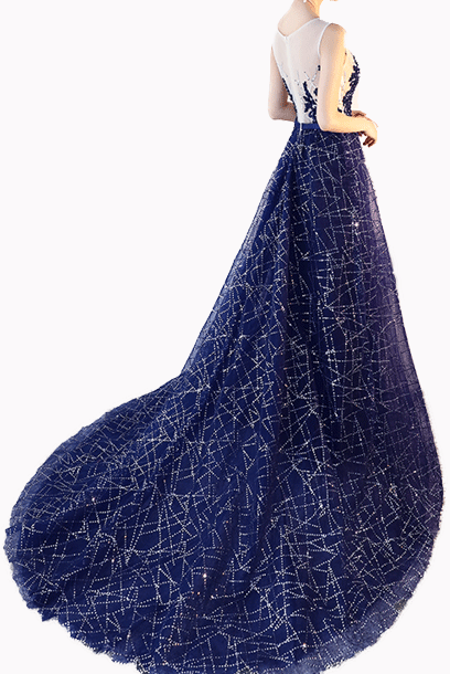 Sleeveless Rhinestones Blue Evening Gown with Train