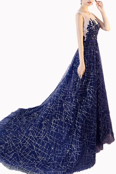 Sleeveless Rhinestones Blue Evening Gown with Train