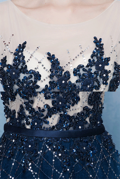 Sleeveless Rhinestones Blue Evening Gown with Train