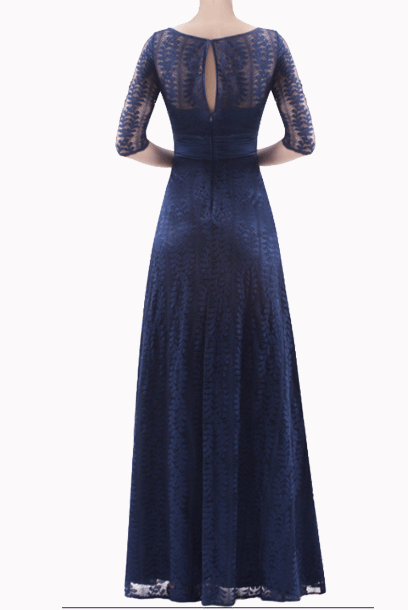 Elbow Sleeves Lace Blue Evening Gown