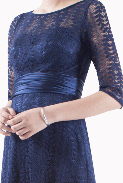 Elbow Sleeves Lace Blue Evening Gown