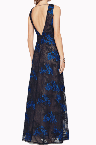 BCBG Sleeveless Floral Lace Blue Evening Gown