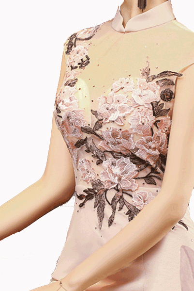 Sleeveless Floral Embroidered Pink Cheongsam Gown