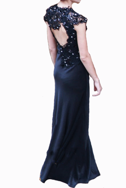 Cap sleeves V Neck Rhinestones Black Evening Gown