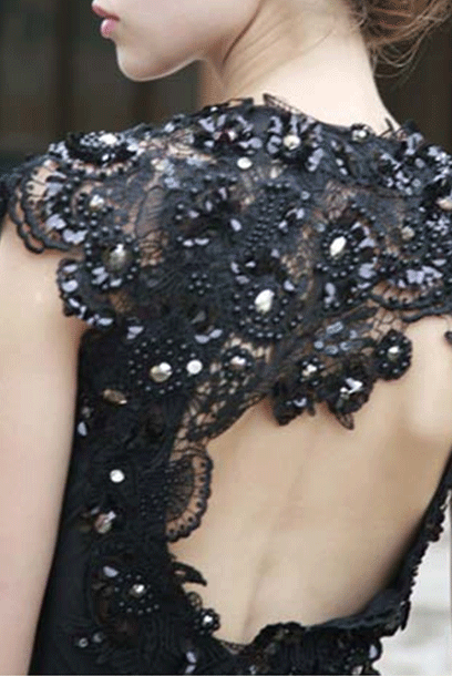 Cap sleeves V Neck Rhinestones Black Evening Gown