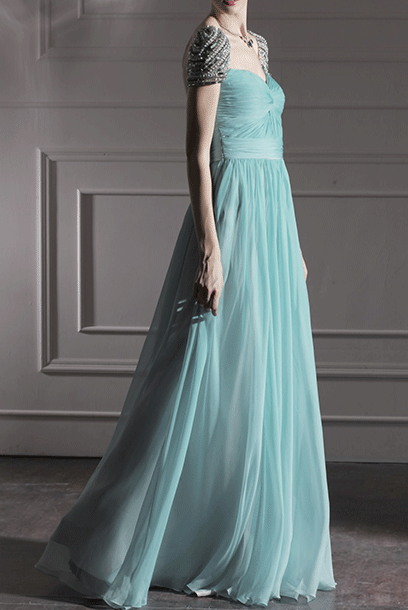 Embellished Sleeves Cinderella Mint Evening Gown