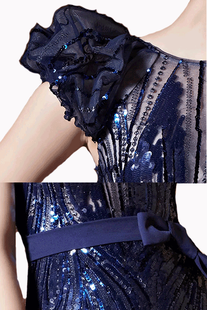 Puffed Sleeves Avant Garde Blue Sequin Evening Gown