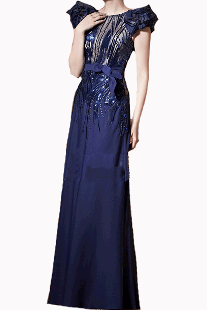 Puffed Sleeves Avant Garde Blue Sequin Evening Gown