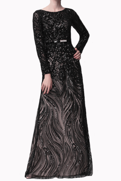 Long Sleeves Sequin Black Evening Gown