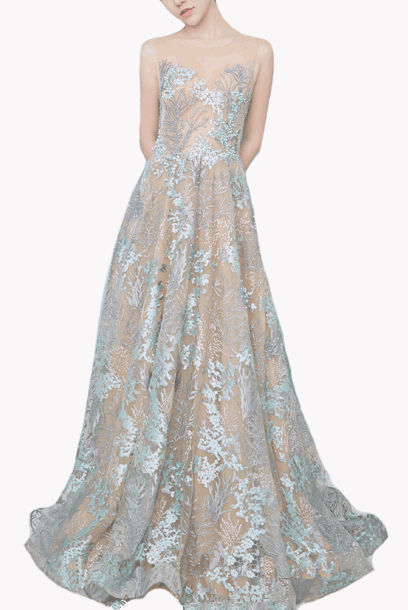 Sleeveless Floral Lace Embroidered Evening Gown