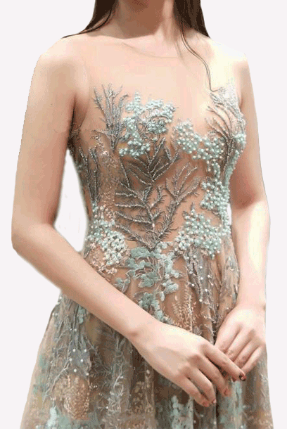 Sleeveless Floral Lace Embroidered Evening Gown
