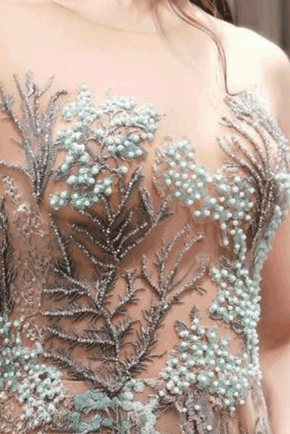 Sleeveless Floral Lace Embroidered Evening Gown