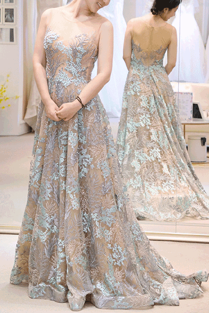 Sleeveless Floral Lace Embroidered Evening Gown