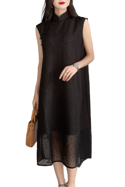 Cap Sleeves Pleats Please Cheongsam Dress