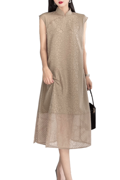 Cap Sleeves Pleats Please Cheongsam Dress