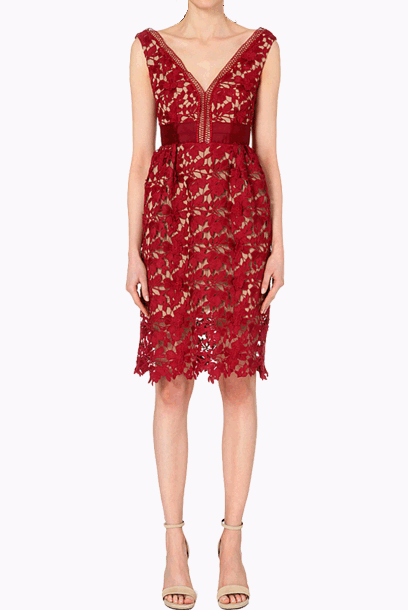 Off-the-Shoulder Guipure Lace Cocktail Red Midi Dress