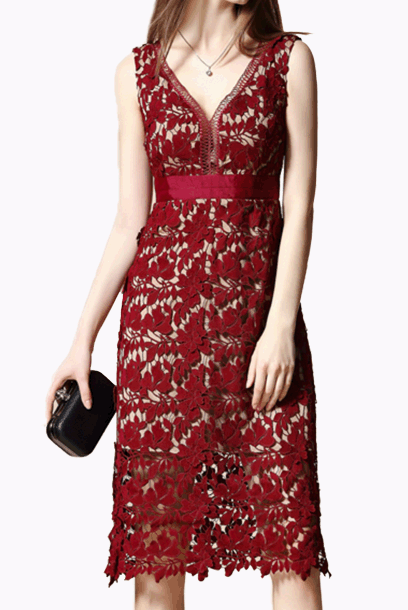 knee length dresses for ladies Self-Portrait - Burgundy Lace Collared Midi Dress main image 1