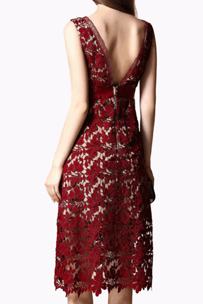 Off-the-Shoulder Guipure Lace Cocktail Red Midi Dress